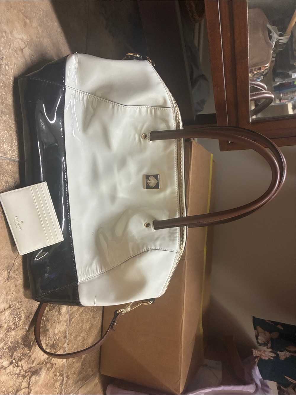 kate spade White and Black Patent Tote with Brown Handles